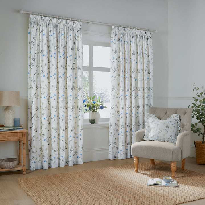MEADOW 229X183 PENCIL PLEAT CURTAINS WHITE/CORNFLOWER