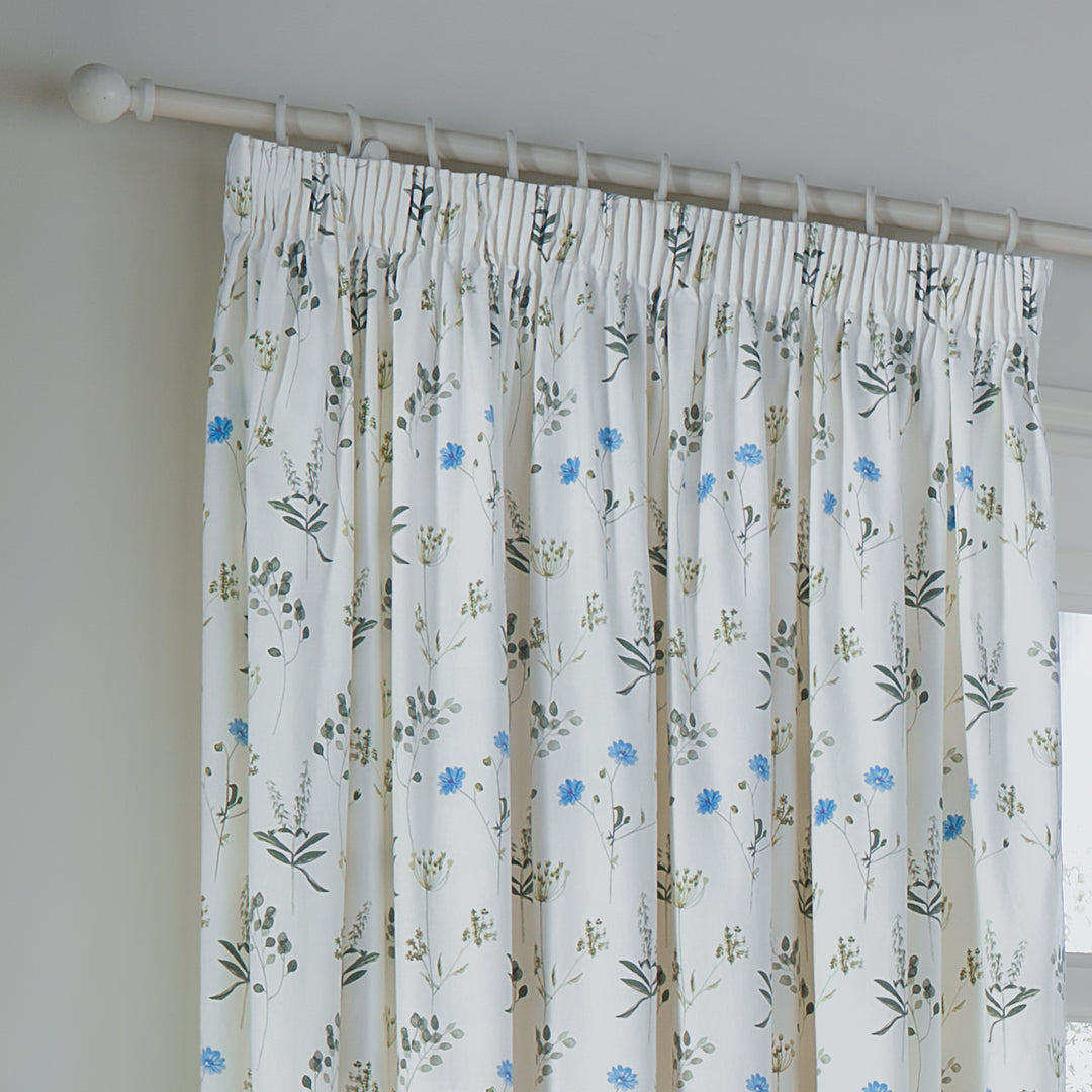 MEADOW 229X229 PENCIL PLEAT CURTAINS WHITE/CORNFLOWER
