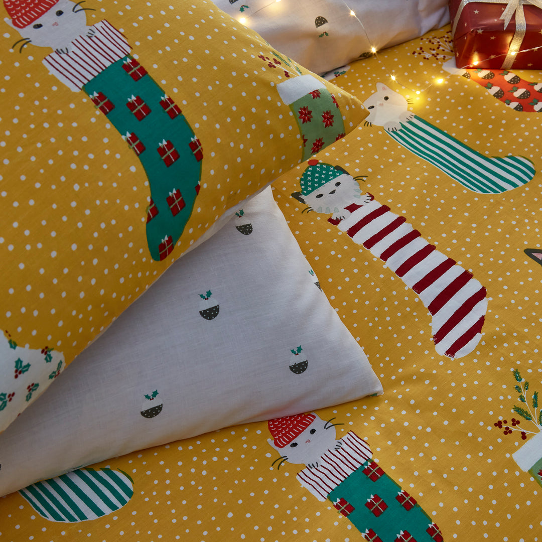 MEOWY CHRISTMAS SINGLE DUVET SET OCHRE