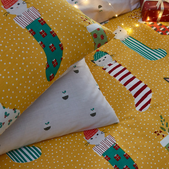 MEOWY CHRISTMAS SINGLE DUVET SET OCHRE