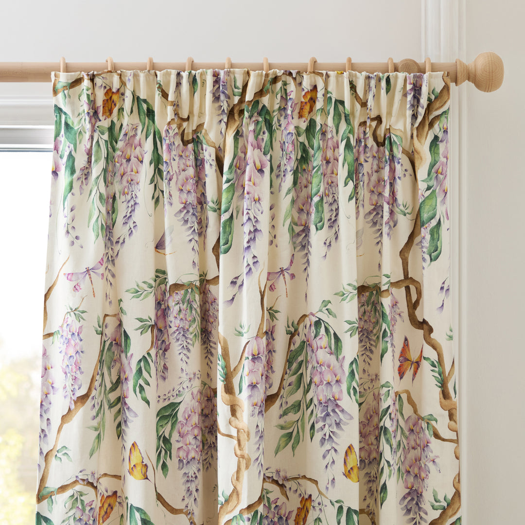 MARIPOSA CREAM 117X137 PENCIL PLEAT CURTAINS PURPLE