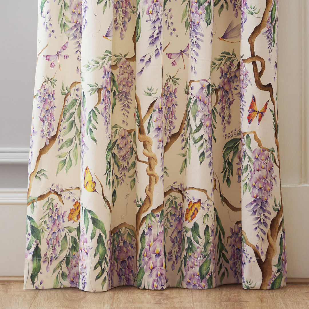 MARIPOSA CREAM 117X137 PENCIL PLEAT CURTAINS PURPLE