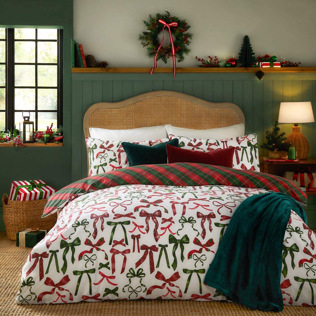 Nathalie Bows Single Duvet Set Berry/Pine