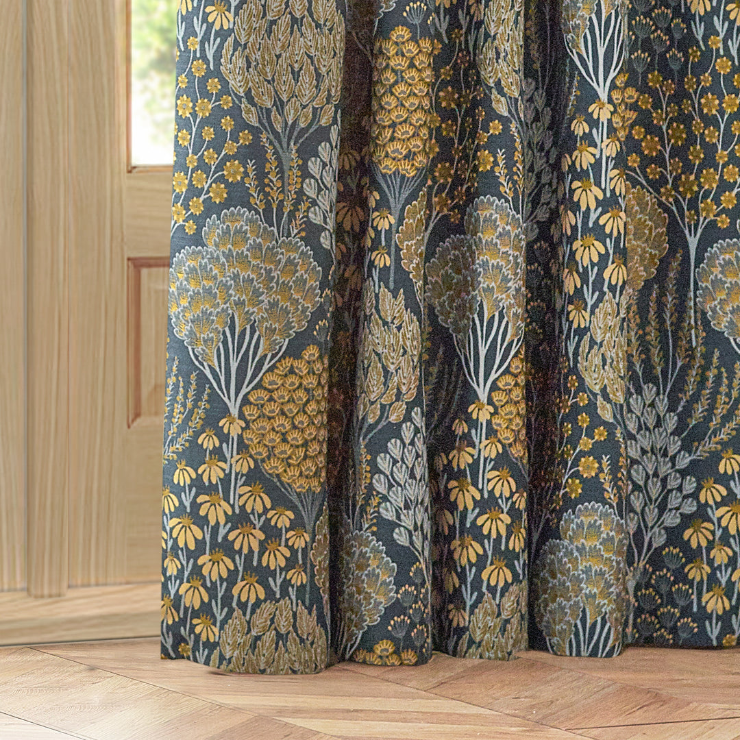 OPHELIA 167X137 PENCIL PLEAT CURTAINS BLUE/SAFFRON