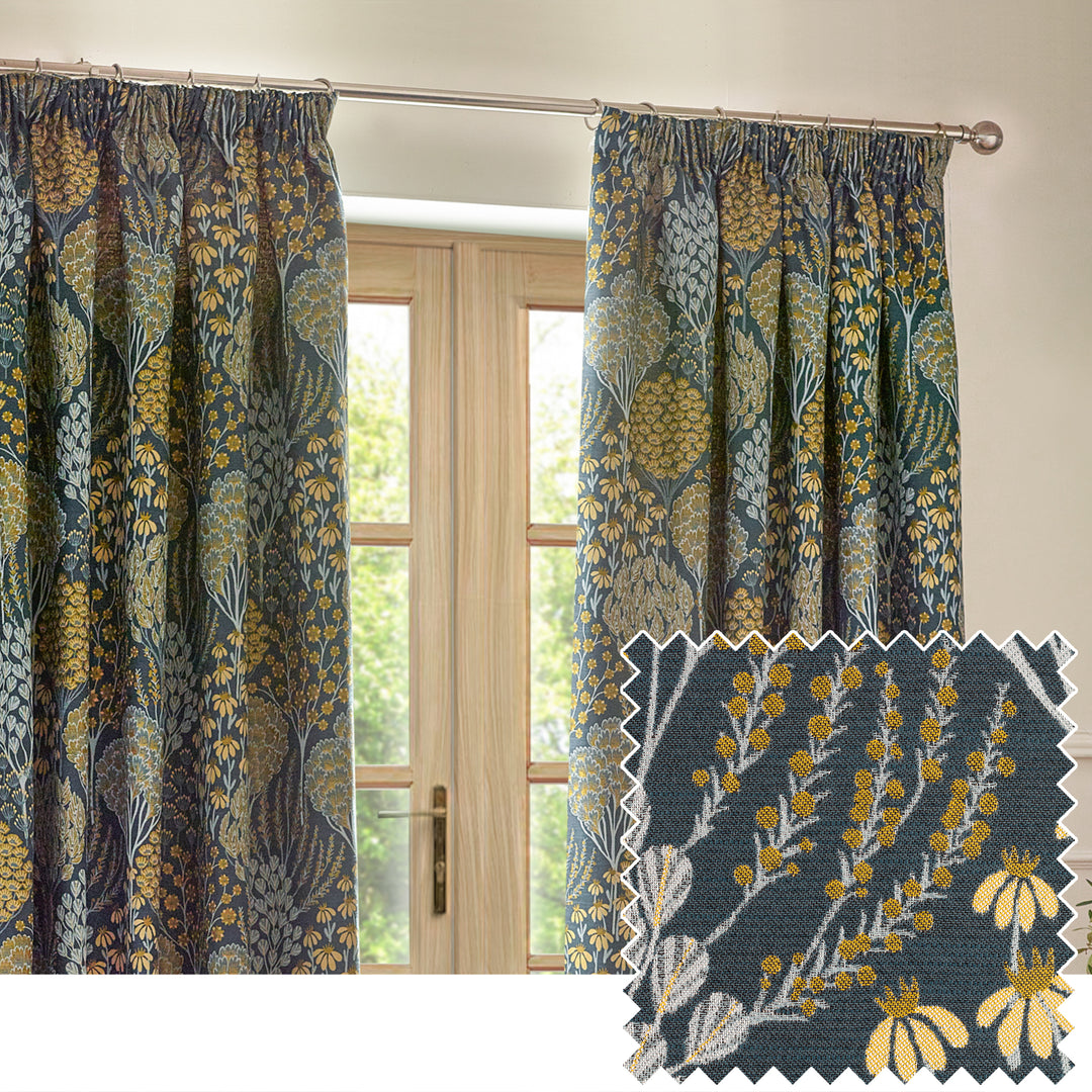 Ophelia 167x137 Pencil Pleat Curtains Blue/Saffron