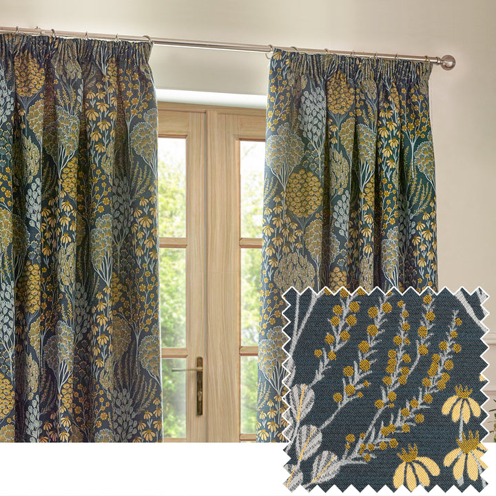 Ophelia 167x137 Pencil Pleat Curtains Blue/Saffron
