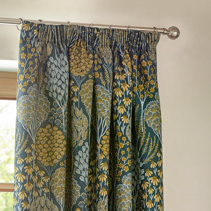 OPHELIA 167X182 PENCIL PLEAT CURTAINS BLUE/SAFFRON