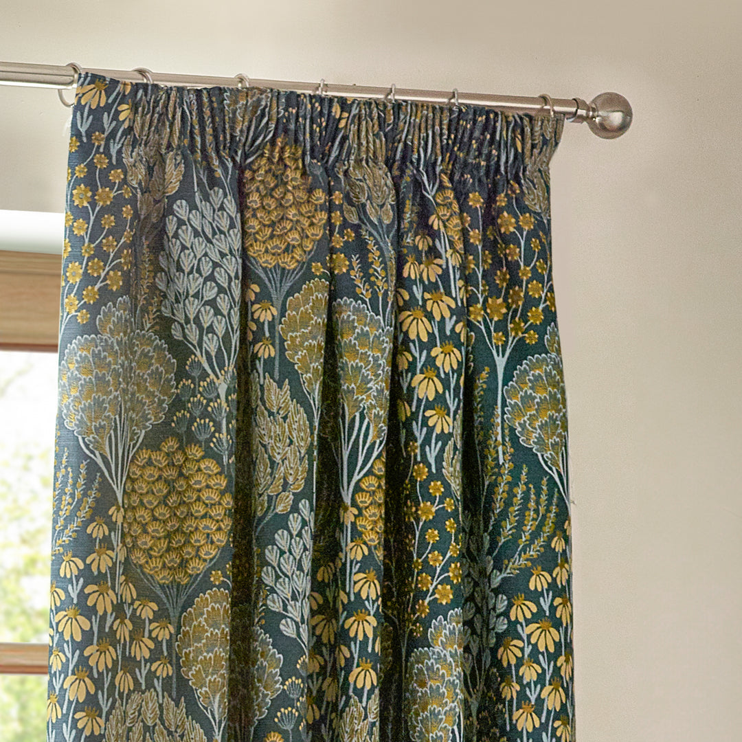 OPHELIA 228X182 PENCIL PLEAT CURTAINS BLUE/SAFFRON