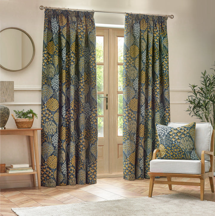 OPHELIA 228X182 PENCIL PLEAT CURTAINS BLUE/SAFFRON
