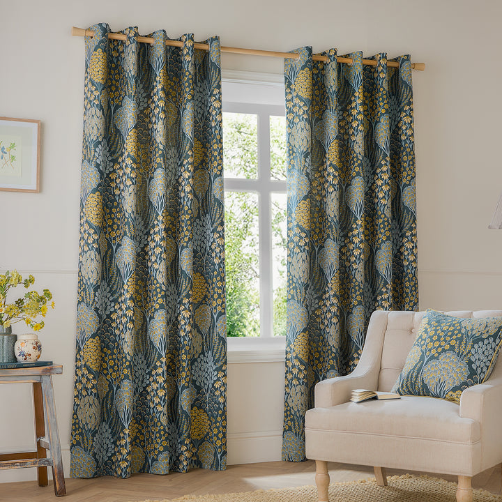 OPHELIA 229X229 EYELET CURTAINS BLUE/SAFFRON
