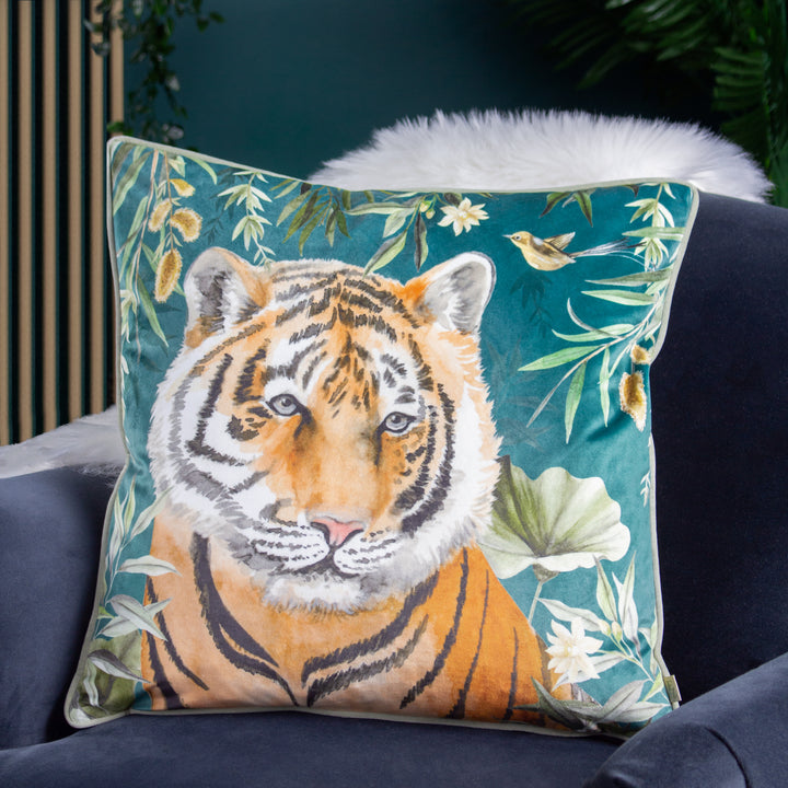 ORIENT TIGER HEAD 50X50 CUSHION CASE TEAL