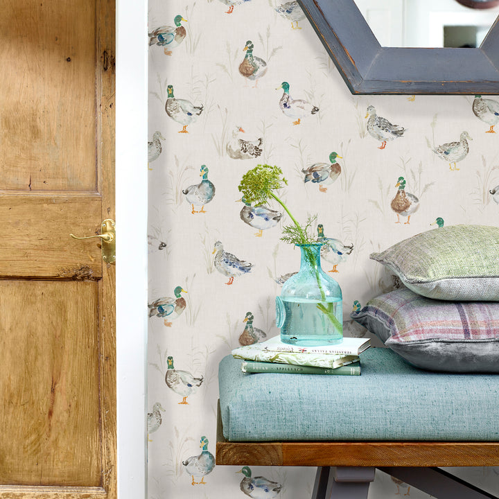 Paddling Ducks Wallpaper Linen