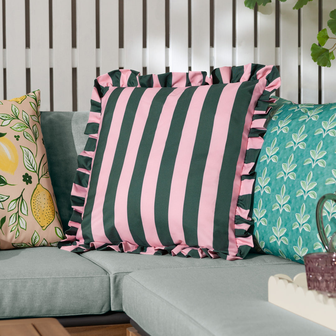 Palm Royale Stripe Ruffle 50x50 Outdoor Cushion Case Pink/Green