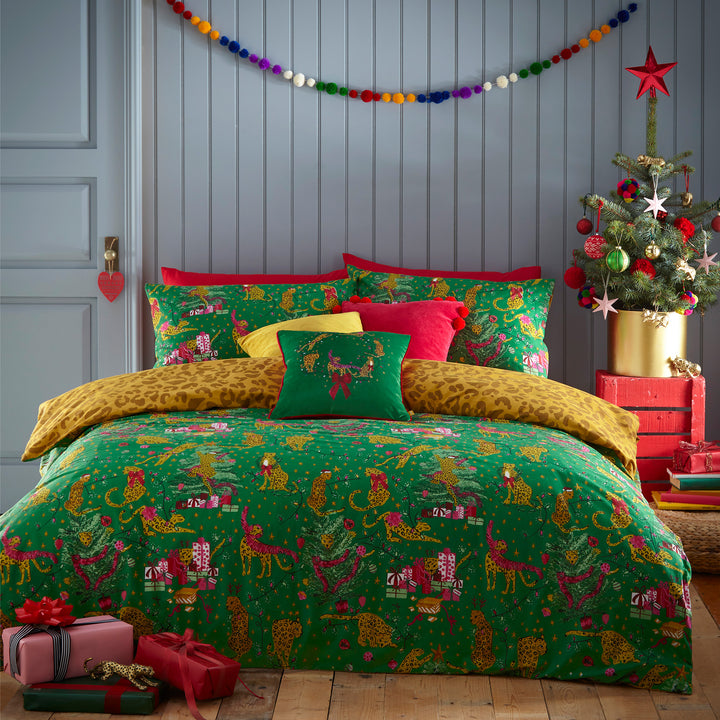 PURRFECT CHRISTMAS SINGLE DUVET SET GREEN/GOLD