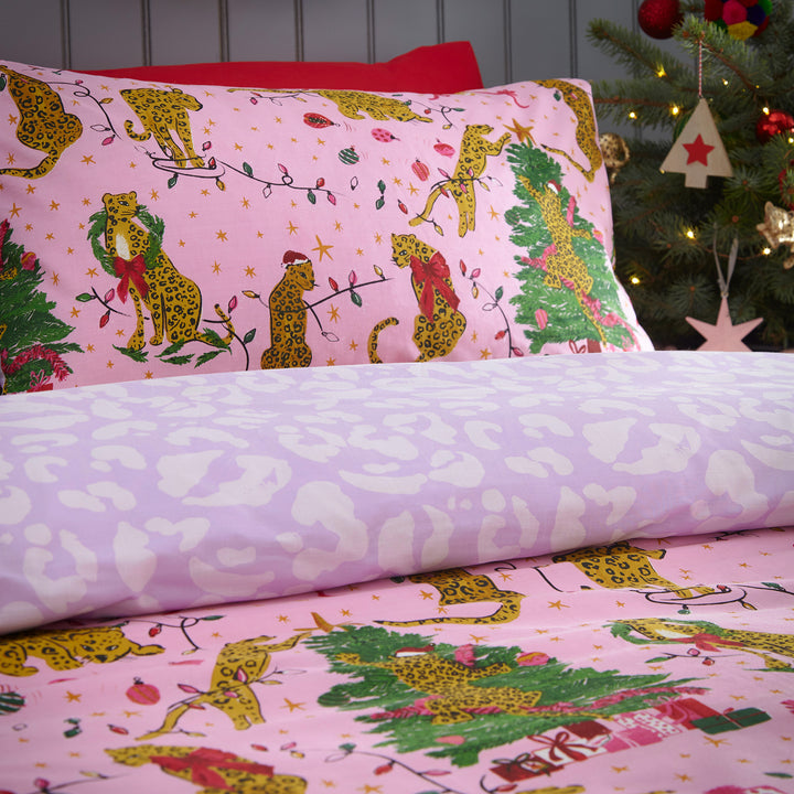 PURRFECT CHRISTMAS SINGLE DUVET SET PINK/LILAC