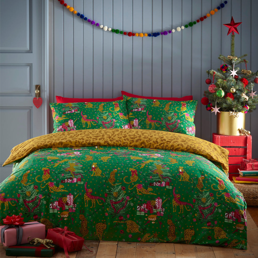 PURRFECT CHRISTMAS SUPER KING DUVET SET GREEN/GOLD
