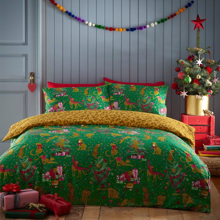 PURRFECT CHRISTMAS SUPER KING DUVET SET GREEN/GOLD