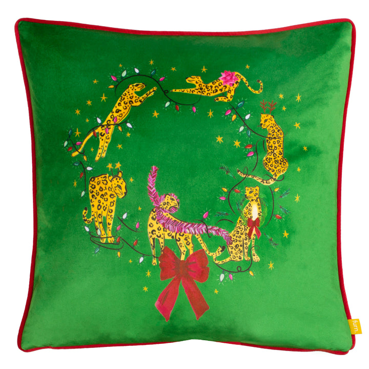 PURRFECT LEAPING LEOPARDS 43X43 CUSHION CASE GREEN/GOLD