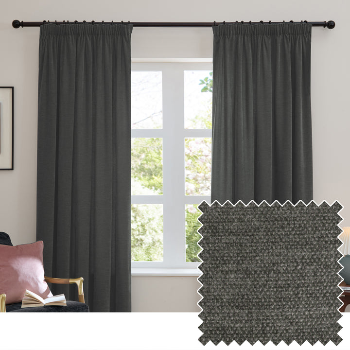 Soft Chenille Blackout 117x137 Pencil Pleat Curtains Charcoal