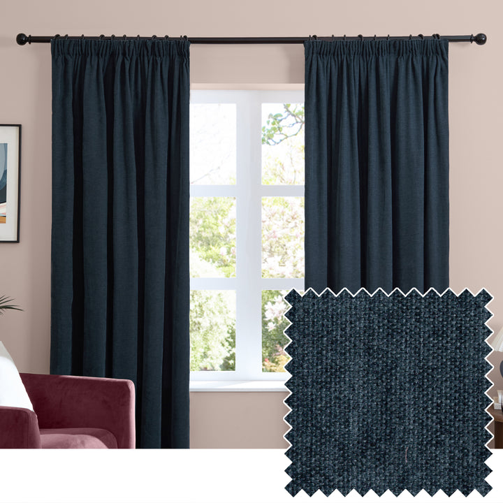 Soft Chenille Blackout 117x137 Pencil Pleat Curtains Navy