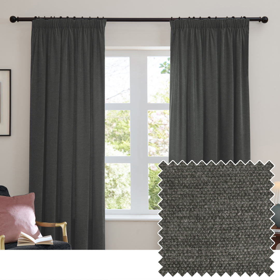 Soft Chenille Blackout 117x183 Pencil Pleat Curtains Charcoal
