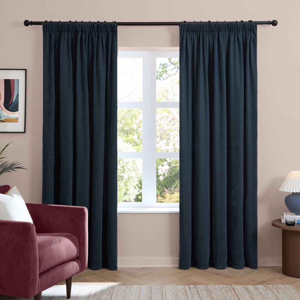 Soft Chenille Blackout 168x137 Pencil Pleat Curtains Navy - image 2
