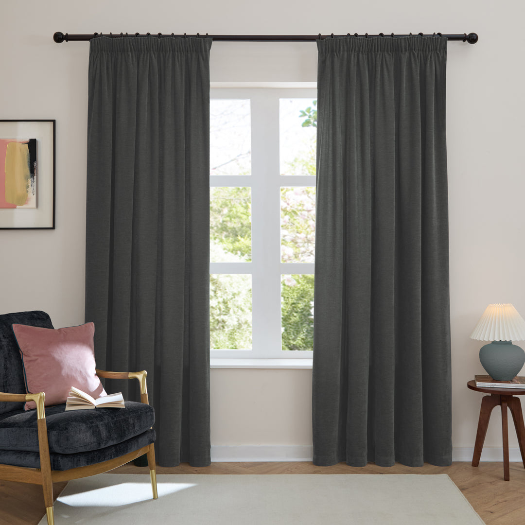Soft Chenille Blackout 168x229 Pencil Pleat Curtains Charcoal - image 2