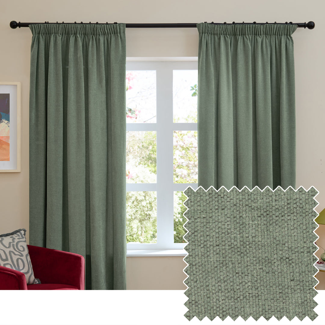Soft Chenille Blackout 168x229 Pencil Pleat Curtains Green
