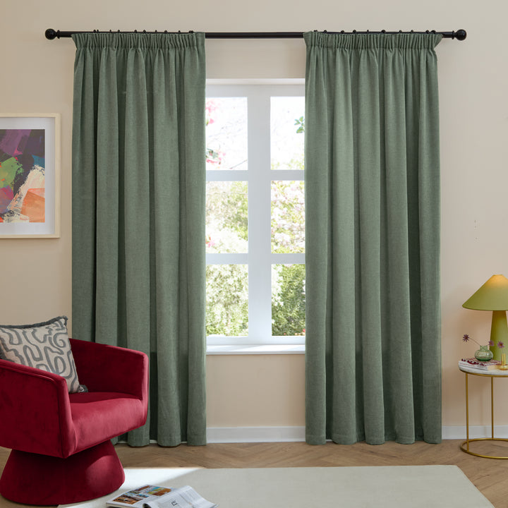 Soft Chenille Blackout 168x229 Pencil Pleat Curtains Green - image 2