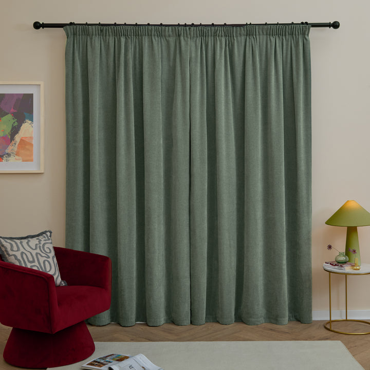 Soft Chenille Blackout 168x229 Pencil Pleat Curtains Green - image 3