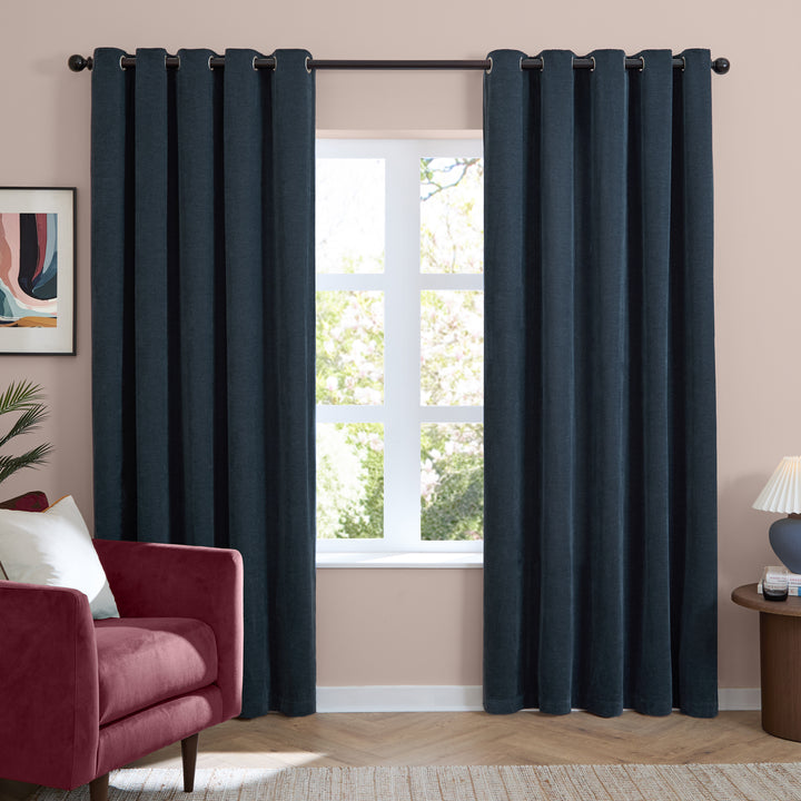 Soft Chenille Blackout 229x183 Eyelet Curtains Navy - image 2