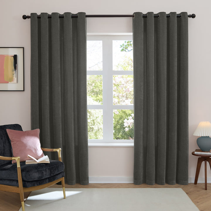 Soft Chenille Blackout 117x183 Eyelet Curtains Charcoal - image 2