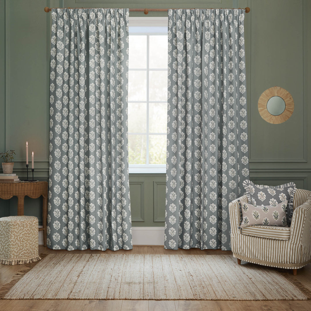 Sessile Leaf 117x137 Pencil Pleat Curtains Delph Blue