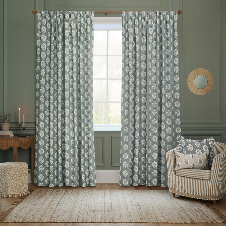 SESSILE LEAF 167X137 PENCIL PLEAT CURTAINS DELPH BLUE