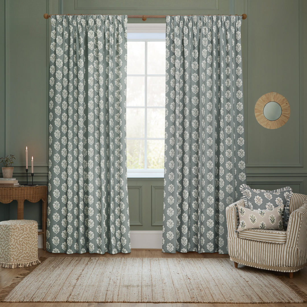 SESSILE LEAF 167X182 PENCIL PLEAT CURTAINS DELPH BLUE