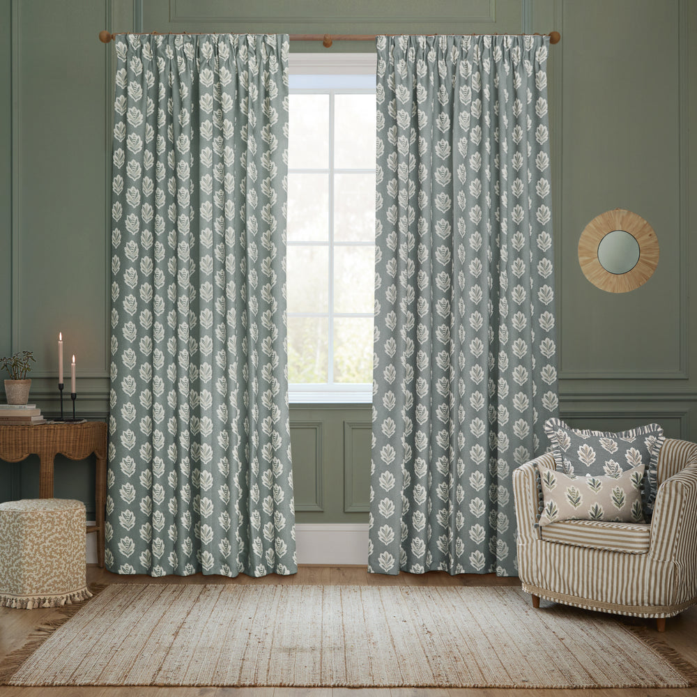 Sessile Leaf 228x137 Pencil Pleat Curtains Delph Blue - image 2