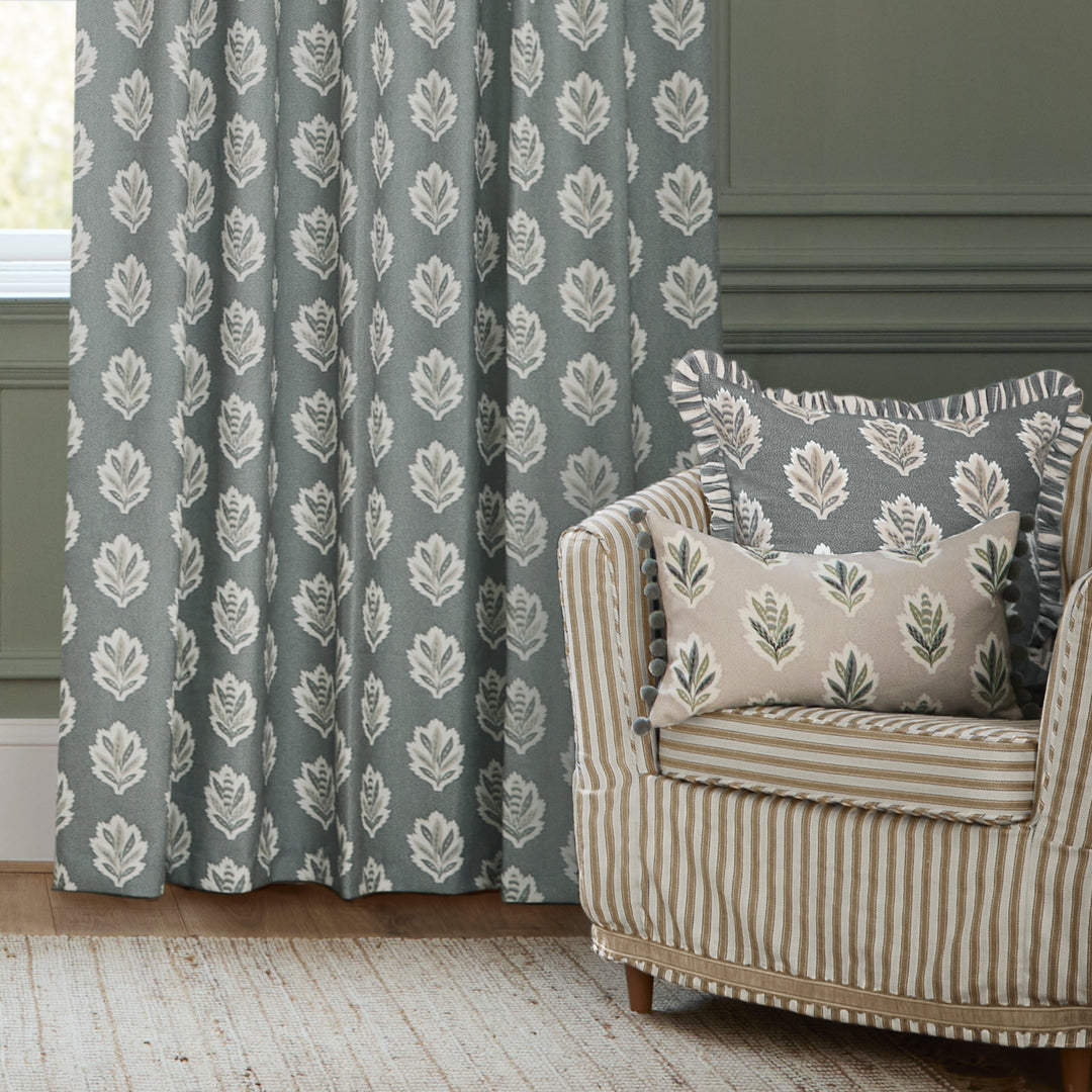 SESSILE LEAF 228X182 PENCIL PLEAT CURTAINS DELPH BLUE