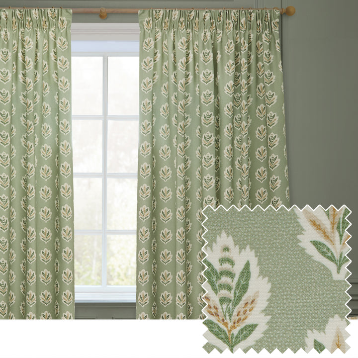 SESSILE LEAF 228X182 PENCIL PLEAT CURTAINS SAGE