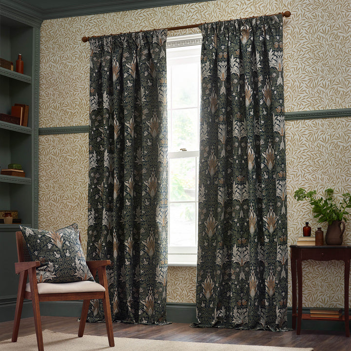 SNAKESHEAD 117X182 PENCIL PLEAT CURTAINS INDIGO/LEAF