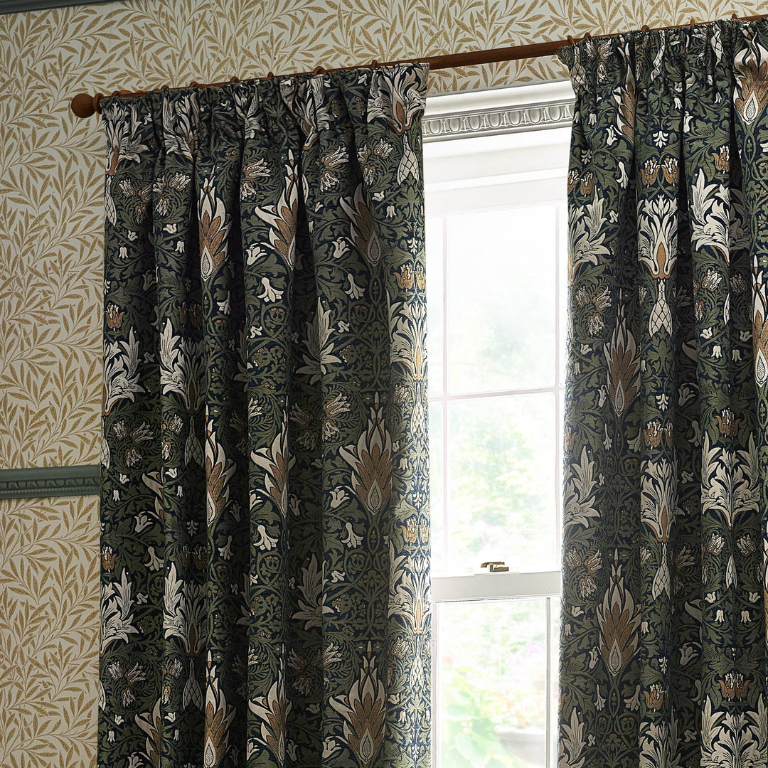 SNAKESHEAD 117X182 PENCIL PLEAT CURTAINS INDIGO/LEAF