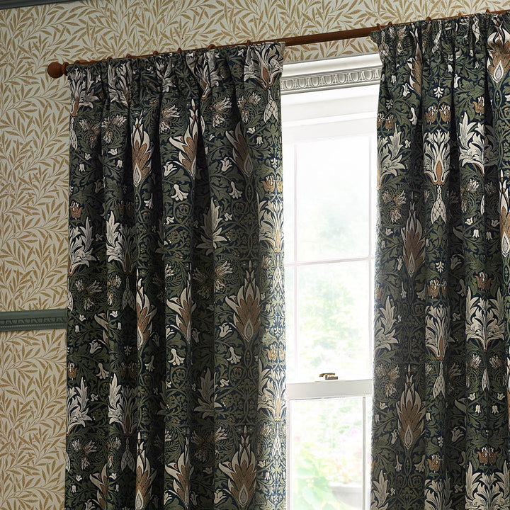 SNAKESHEAD 117X182 PENCIL PLEAT CURTAINS INDIGO/LEAF