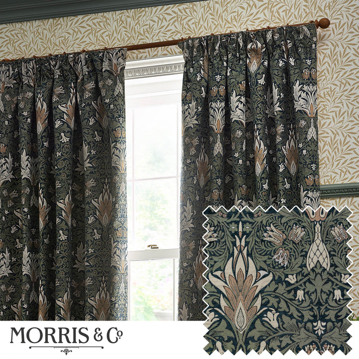 SNAKESHEAD 228X182 PENCIL PLEAT CURTAINS INDIGO/LEAF