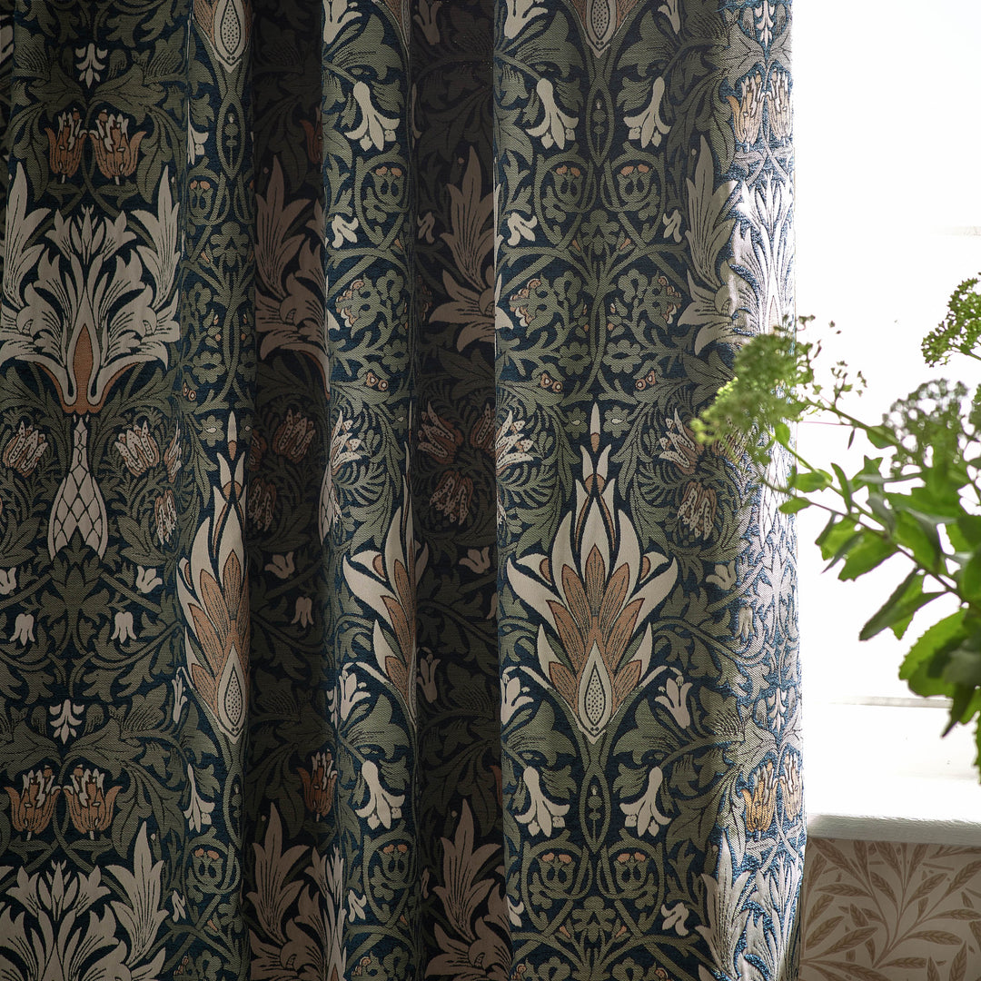 SNAKESHEAD 228X182 PENCIL PLEAT CURTAINS INDIGO/LEAF