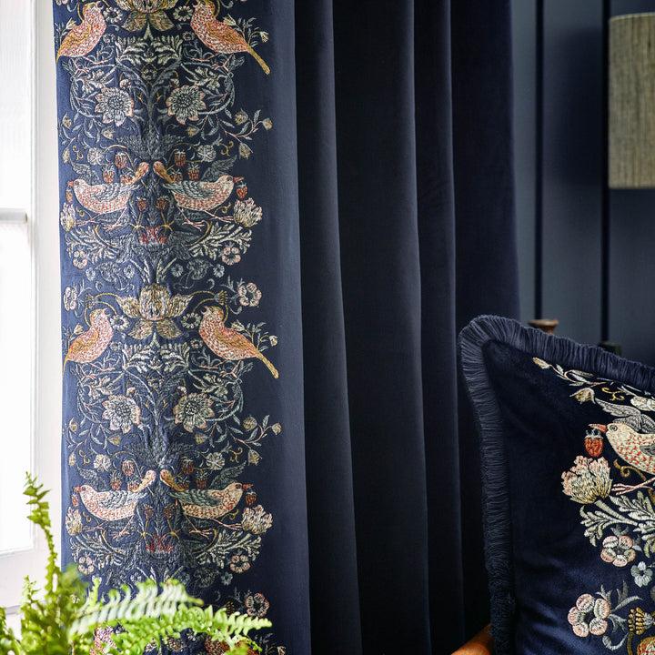 STRAWBERRY THIEF EMBROIDERY 117X137 PENCIL PLEAT CURTAINS INDIGO
