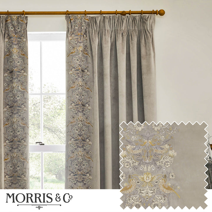 STRAWBERRY THIEF EMBROIDERY 117X182 PENCIL PLEAT CURTAINS BISCUIT
