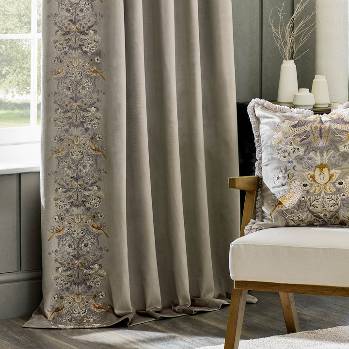 STRAWBERRY THIEF EMBROIDERY 117X182 PENCIL PLEAT CURTAINS BISCUIT