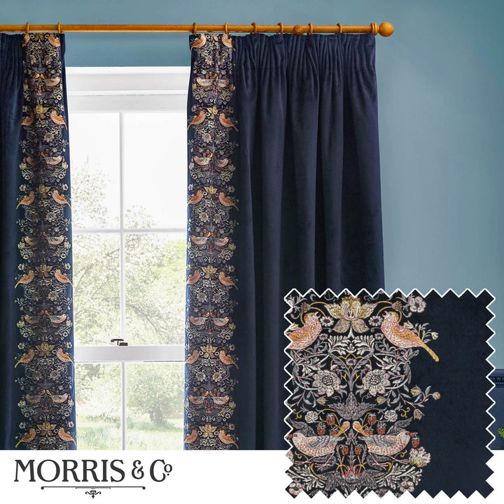 STRAWBERRY THIEF EMBROIDERY 117X182 PENCIL PLEAT CURTAINS INDIGO