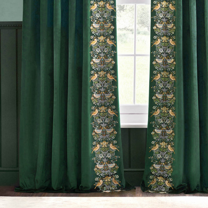 STRAWBERRY THIEF EMBROIDERY 167X137 PENCIL PLEAT CURTAINS FOREST GREEN