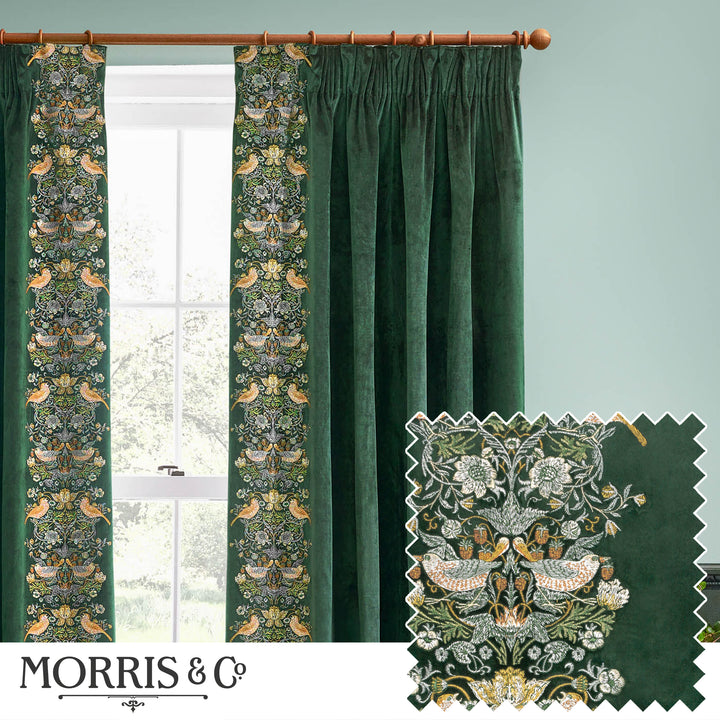 STRAWBERRY THIEF EMBROIDERY 167X182 PENCIL PLEAT CURTAINS FOREST GREEN