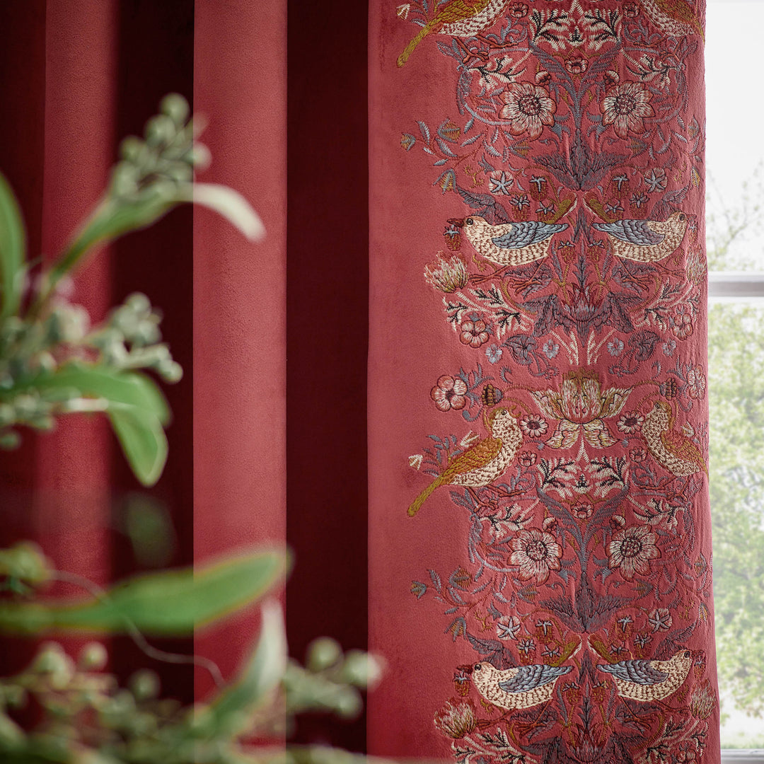 STRAWBERRY THIEF EMBROIDERY 167X228 PENCIL PLEAT CURTAINS BERRY